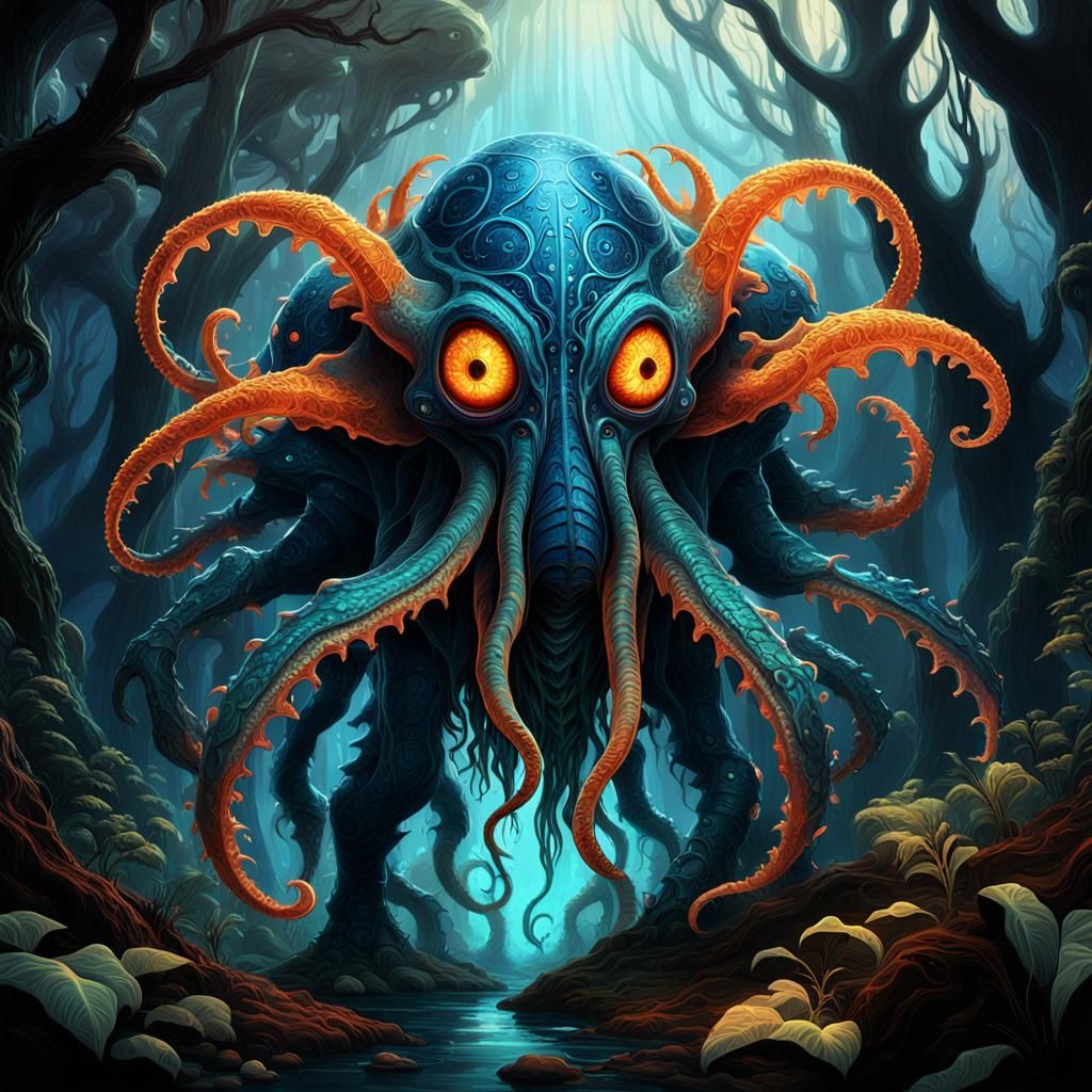 Alien Creature with Bioluminescent Skin in a Strange Landsca...