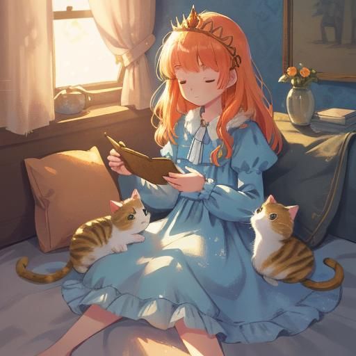 Princess Surrounded by Kittens: Whimsical Fantasy Art