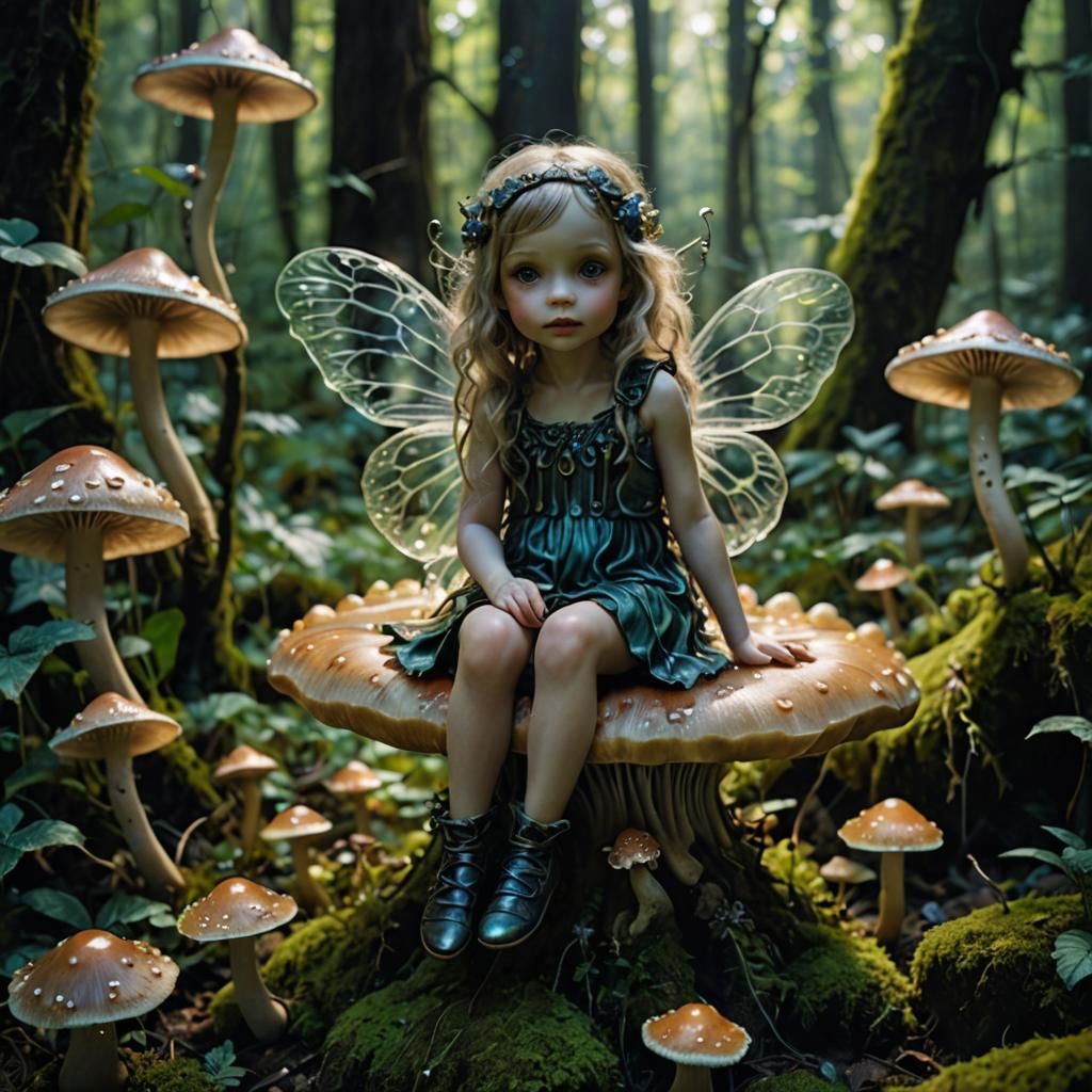 Enchanted Fairy on Photoluminescent Mushroom