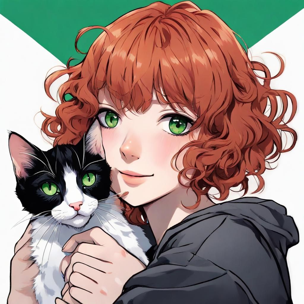 Redhead with Cats in Anime Style
