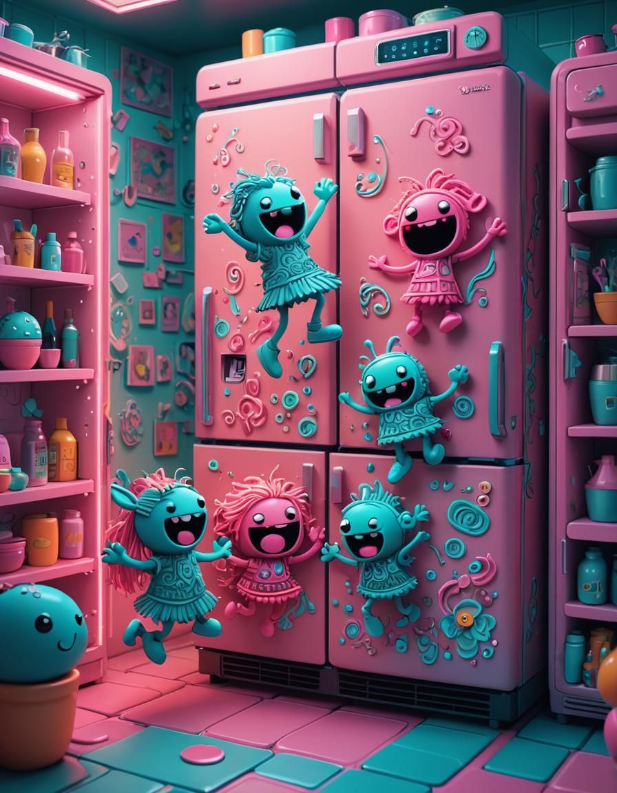 Colorful Doodle World Dancing on a Fridge