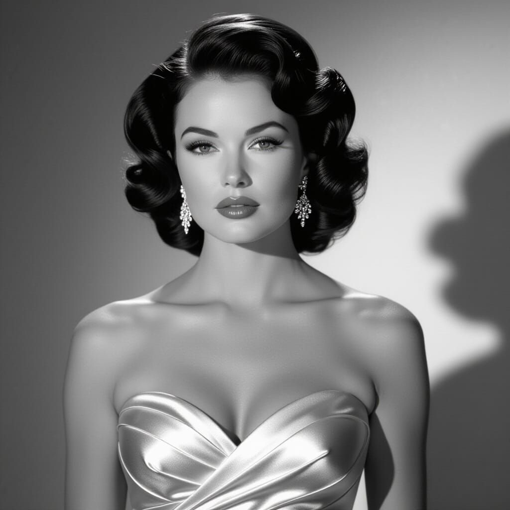Hollywood Actress in Dramatic Black-and-White Studio Portrai...