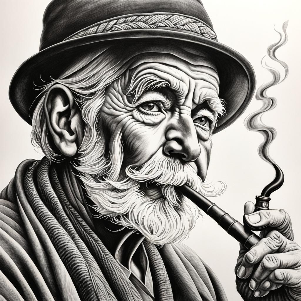 Detailed Charcoal Drawing of an Old Man Smoking