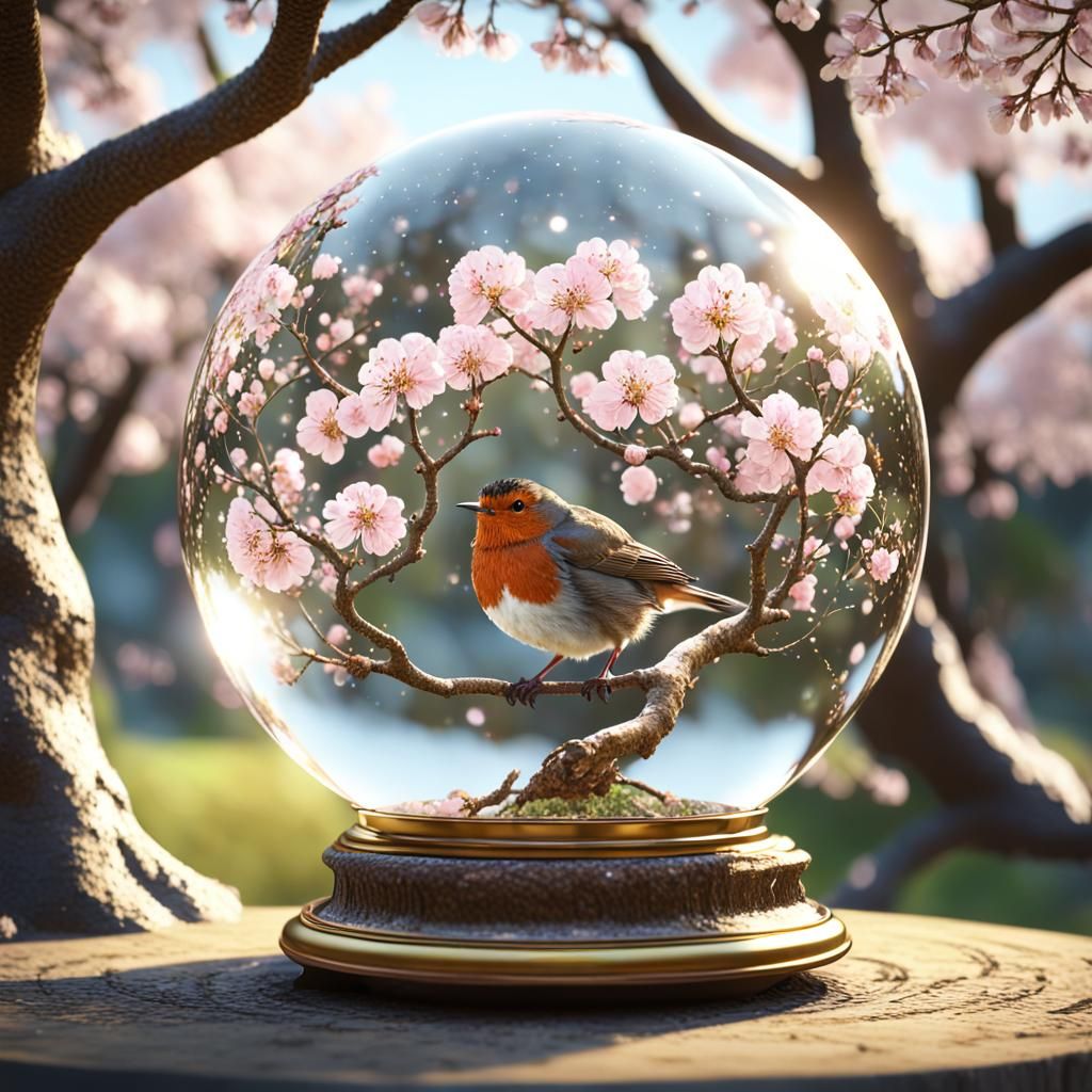 Robin and Golden Cherry Tree in Crystal Ball