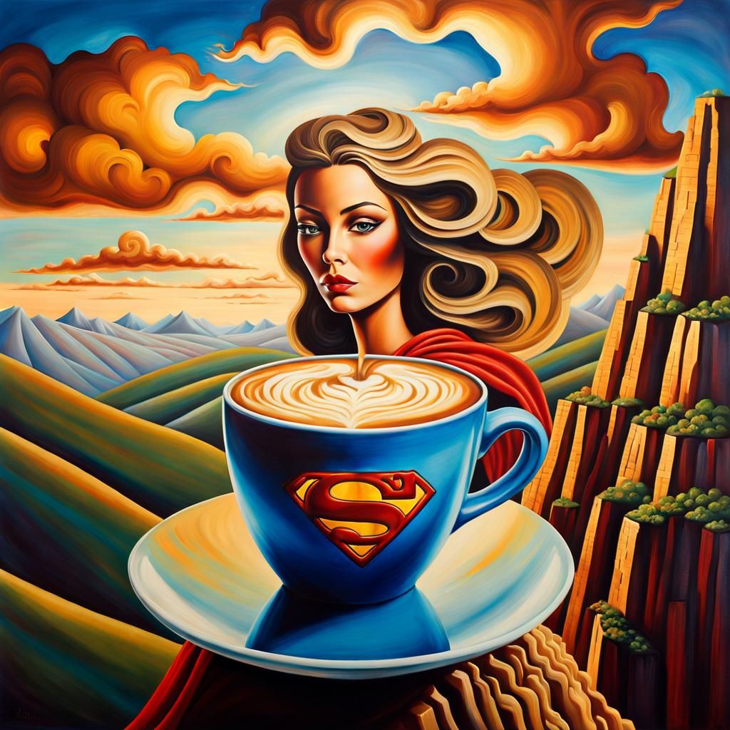 Surreal Latte Lady on Mountain as Oil Painting