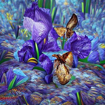 Irises and Butterflies in Detailed 3D Render