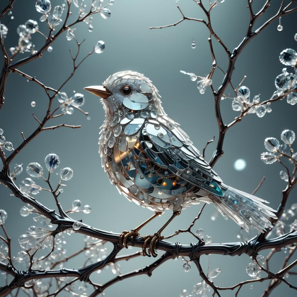 Circuit Board Bird on Branch: Surreal Digital Art