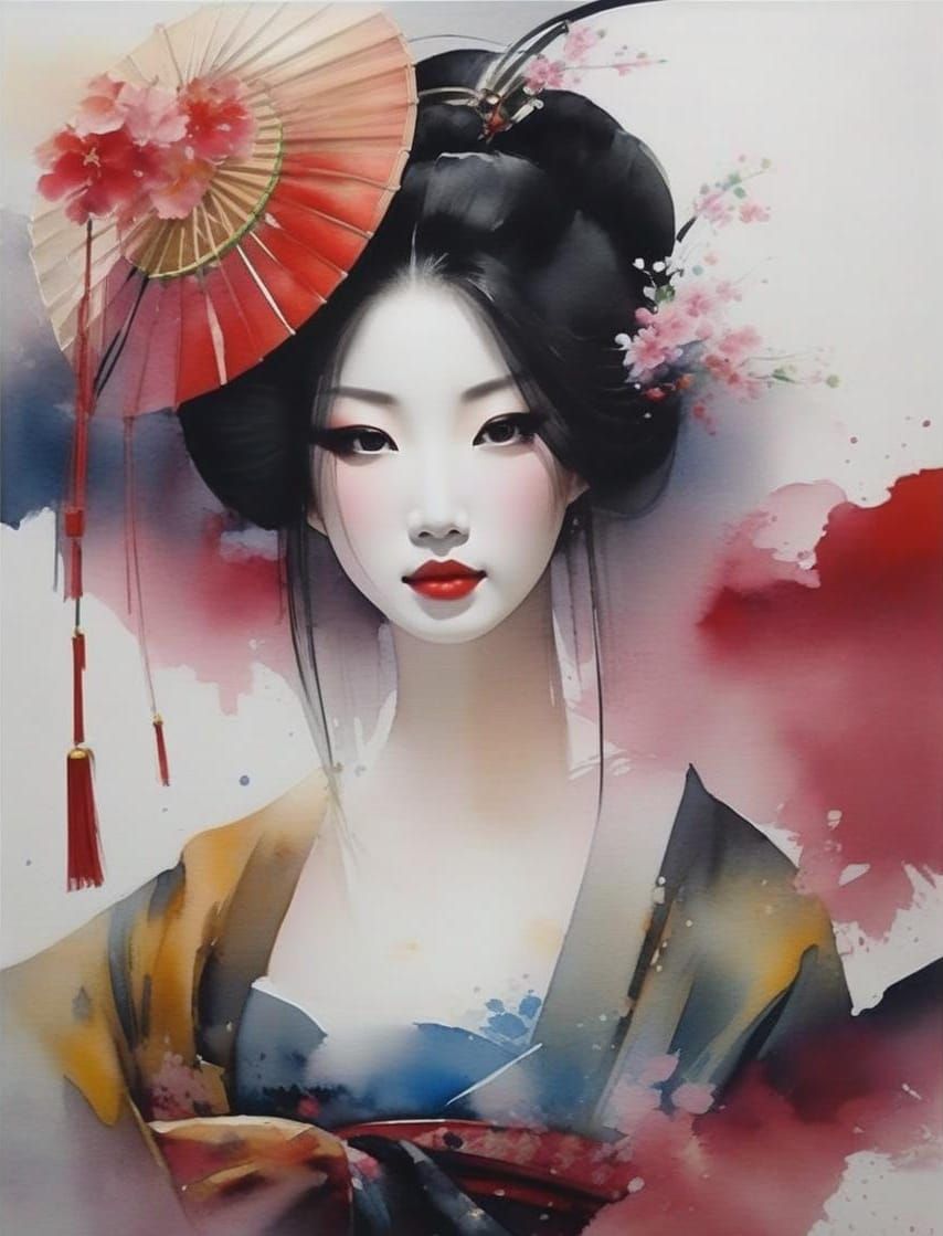 Geisha Portrait in Abstract Watercolor Style
