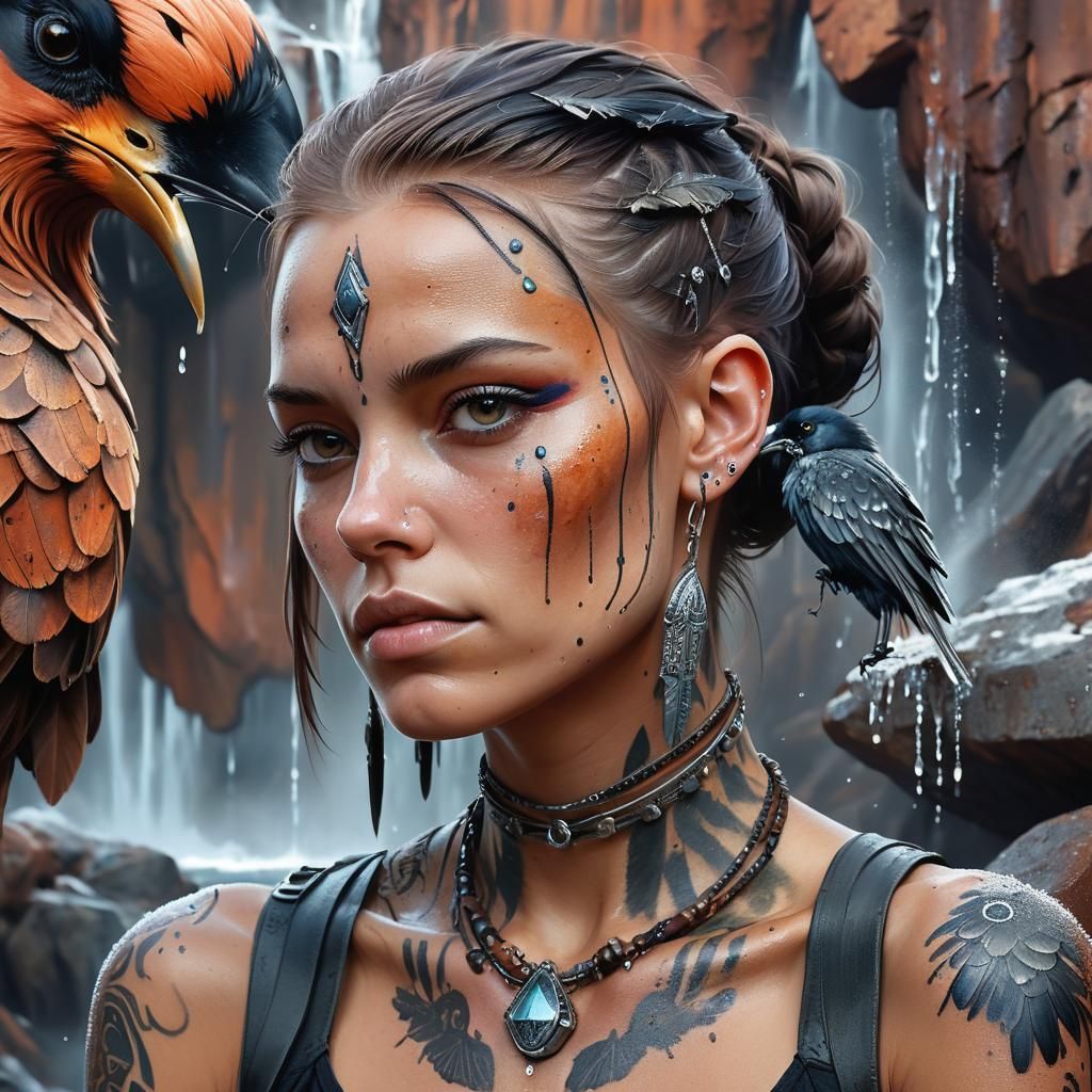 Mystical Nordic Woman Portrait with Raven in Digital Art