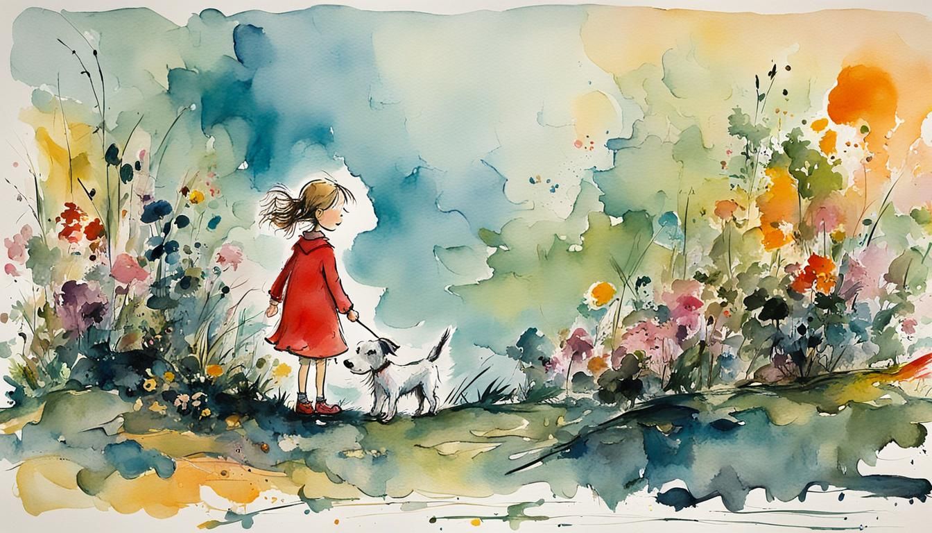 Girl with Dog in Gouache Impressionist Style