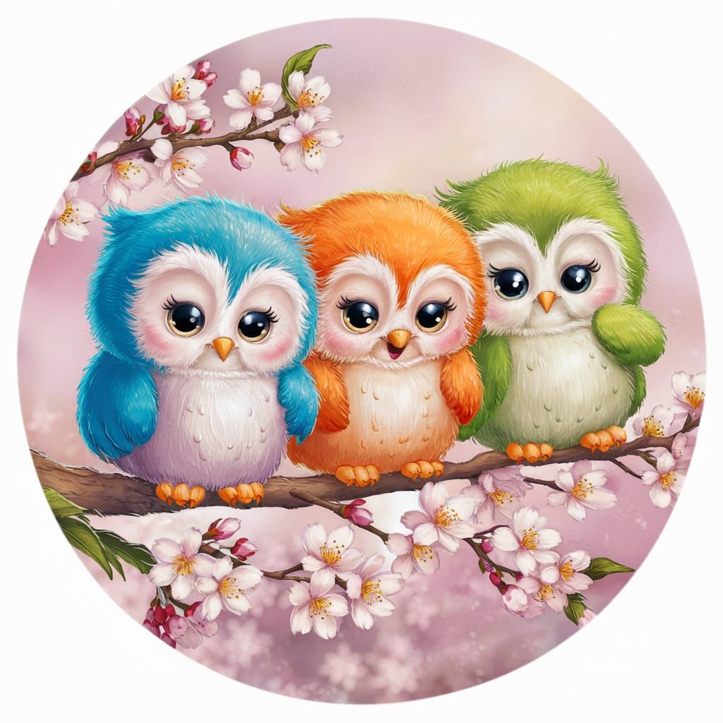 Colorful Owls on Cherry Blossom Branch Illustration