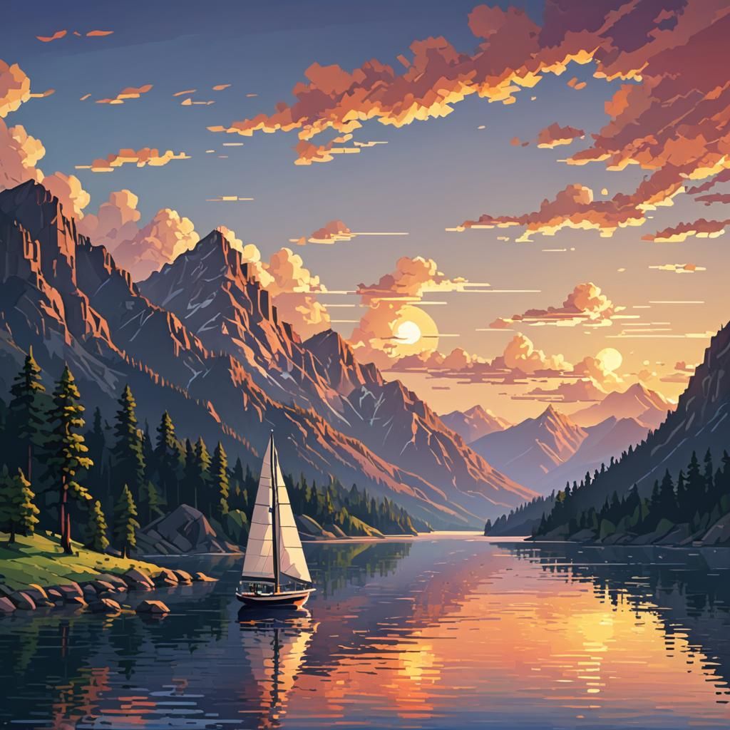 Pixel Art Sailboat on Mountain Lake at Sunset