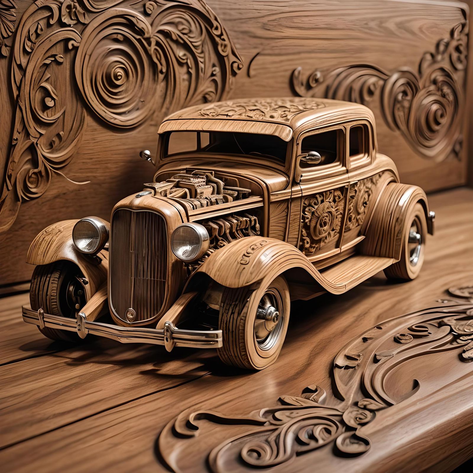 Wooden 1932 Ford Hot Rod on Antique Table