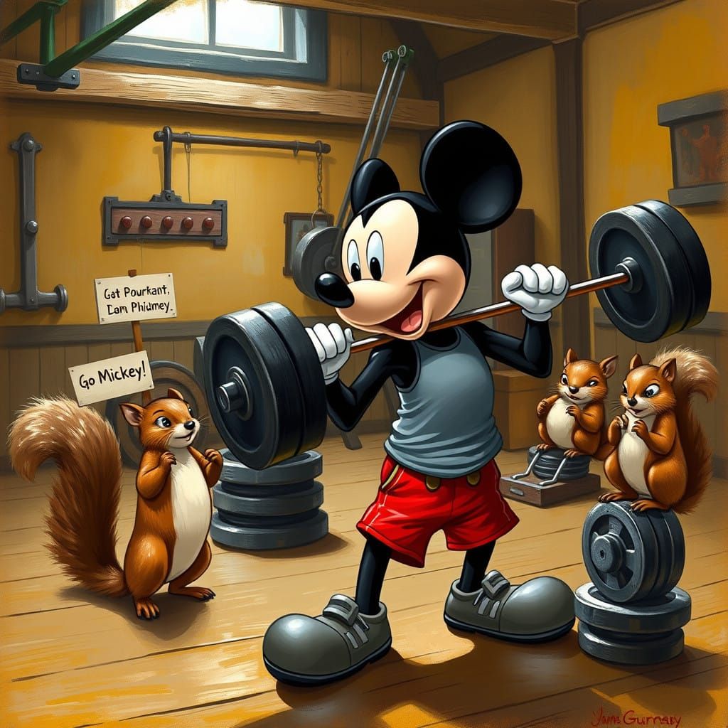 Mickey Mouse Lifting in a Vintage Gym with Cheerful Squirrel...