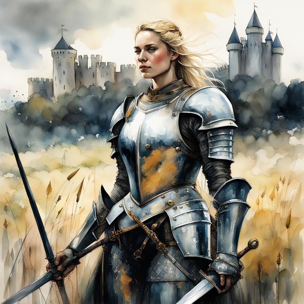 Goddess-Like Knight in Watercolor and Ink Painting