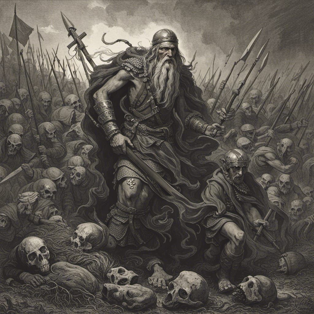 Slavic God Triglav Amidst Battlefield Horror