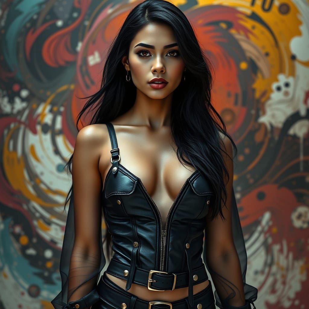 Elegant Latina Woman in Bold Dark Fantasy Attire