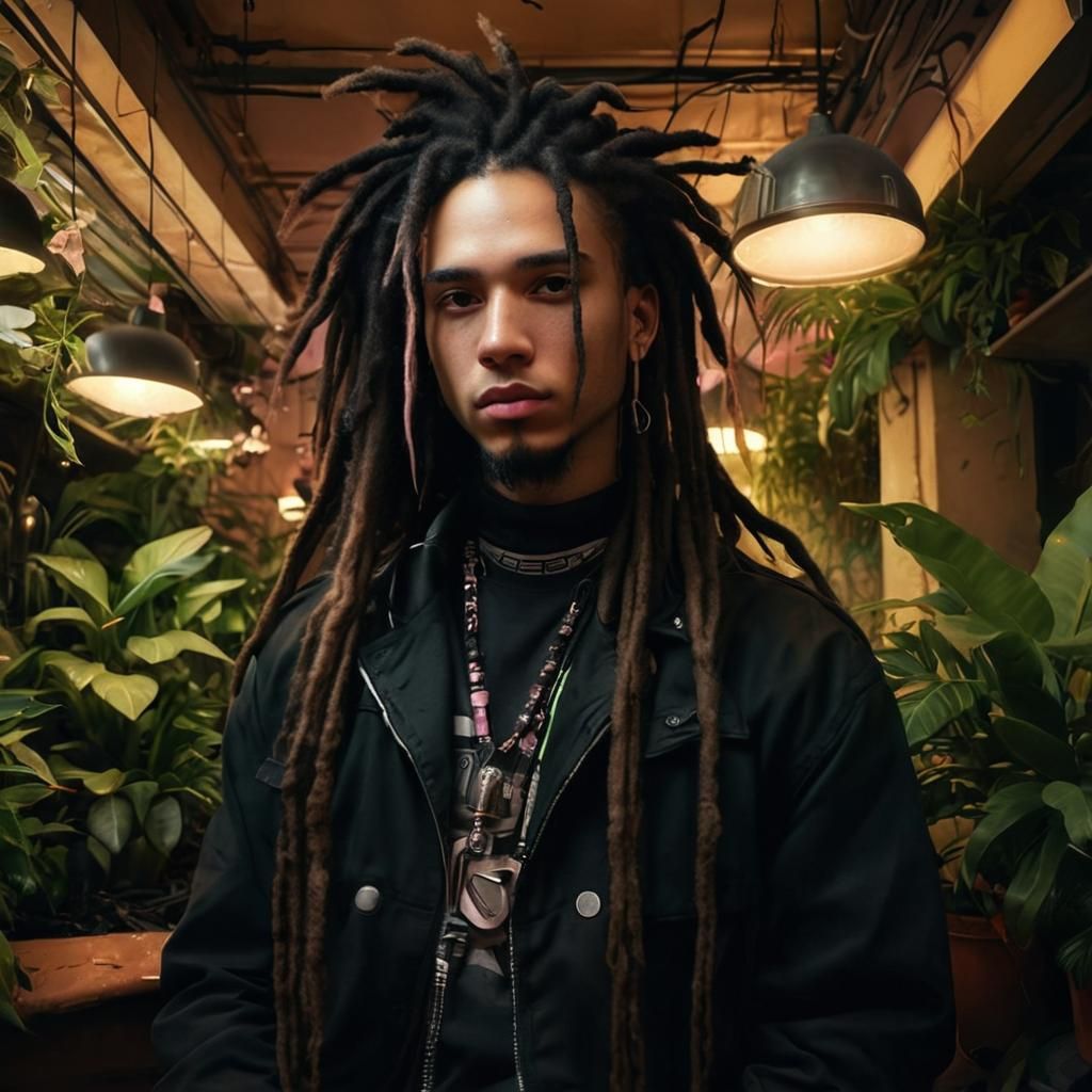 Cyberpunk Portrait with Indoor Plants and Soft Lighting