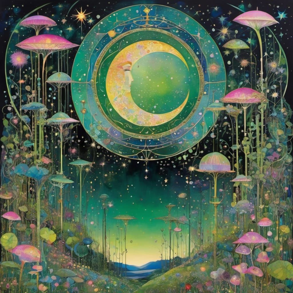 Surreal Moon Galaxy with Green, Pink, and Yellow Hues