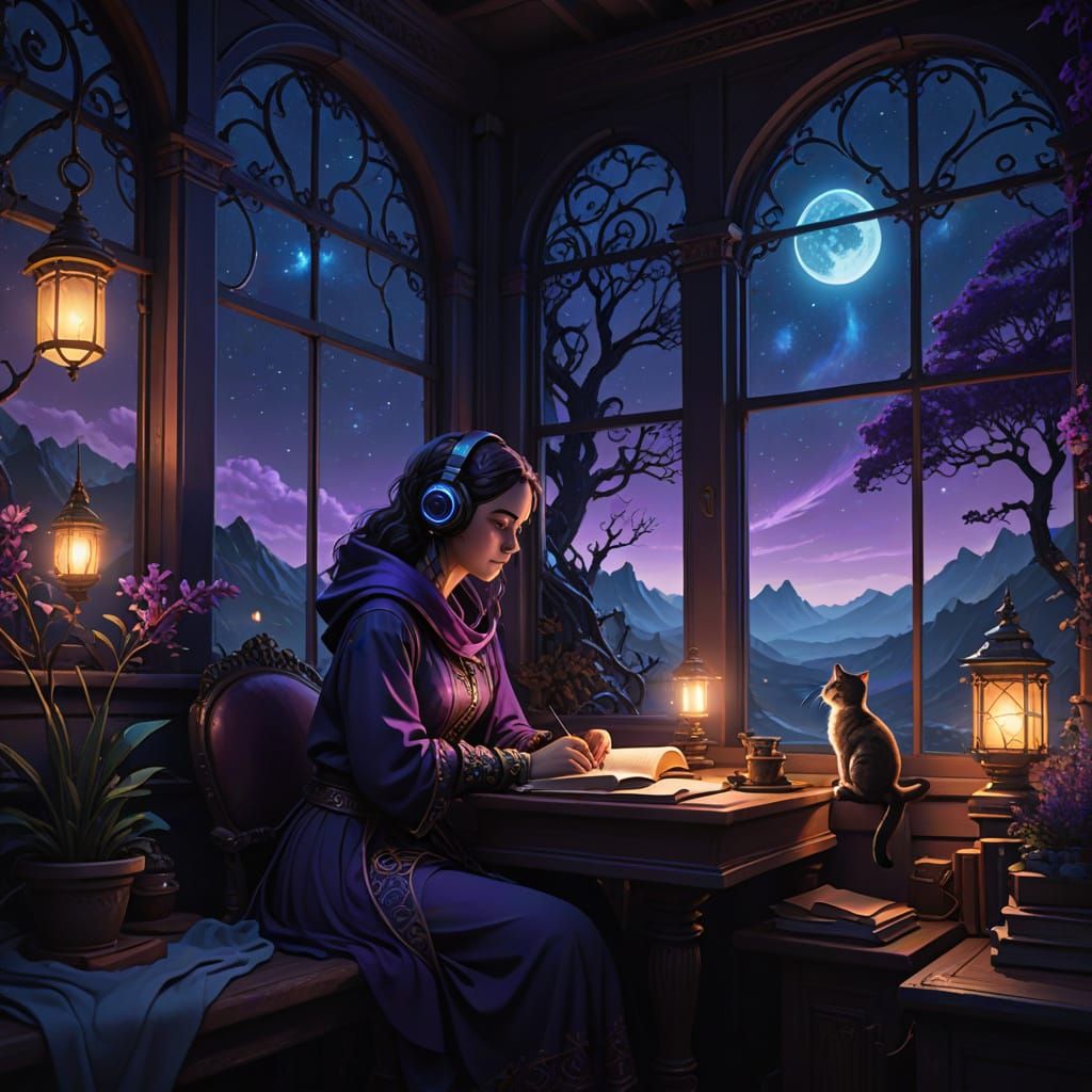 Lofi Girl Studies Under Starry Night Sky with Comet