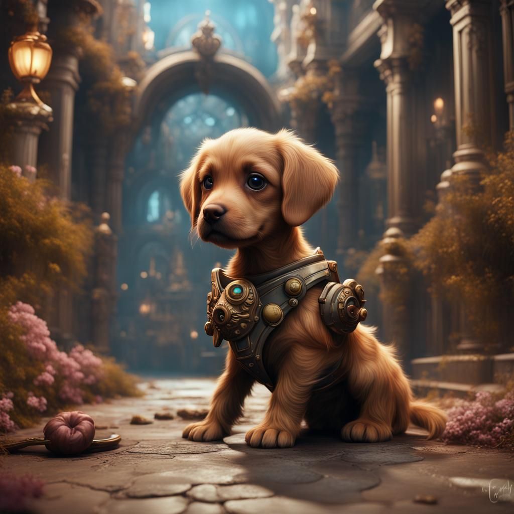 Cute Puppies Fitting: Detailed Fantasy Concept Art
