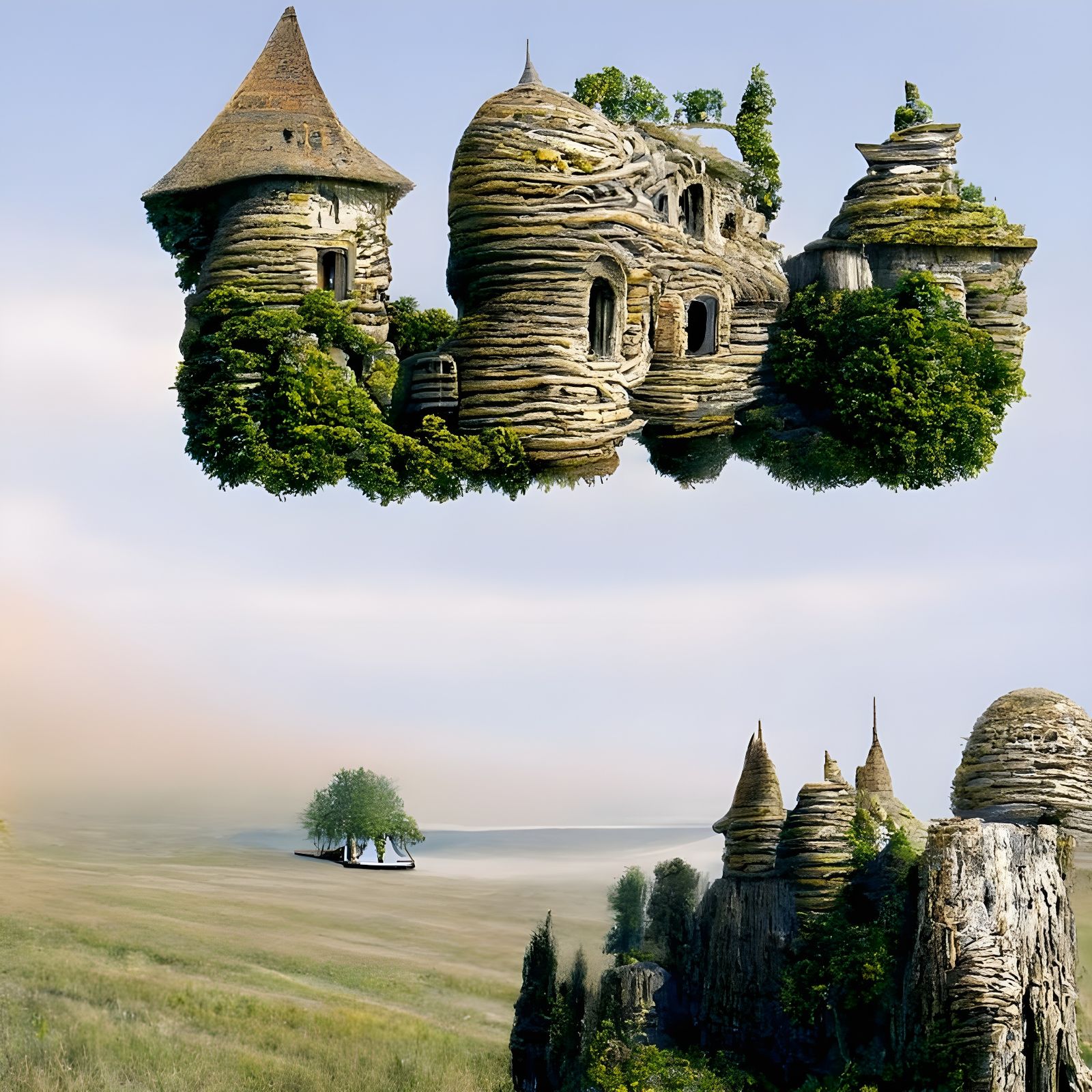 Surreal Hovering Wooden Castle Landscape