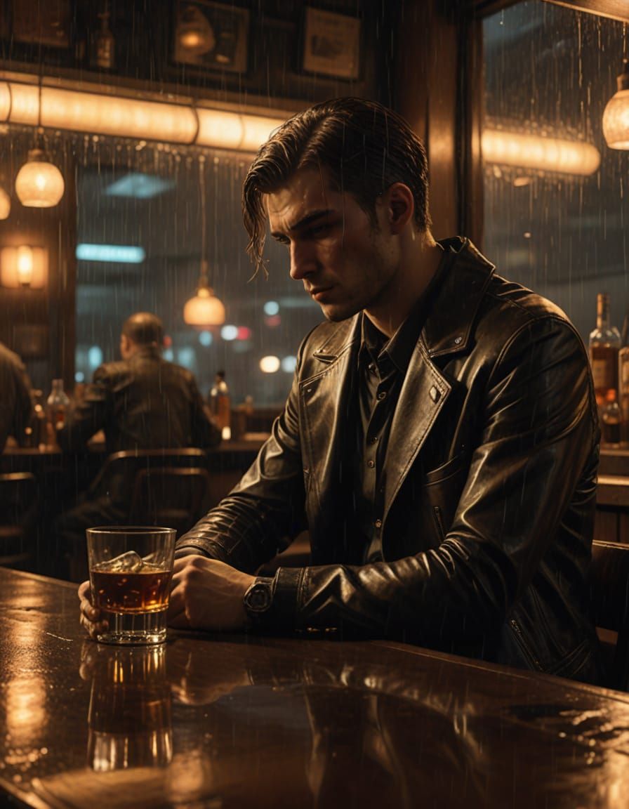 Cyborg in Rainy Bar, Lost in Whiskey and Thoughts