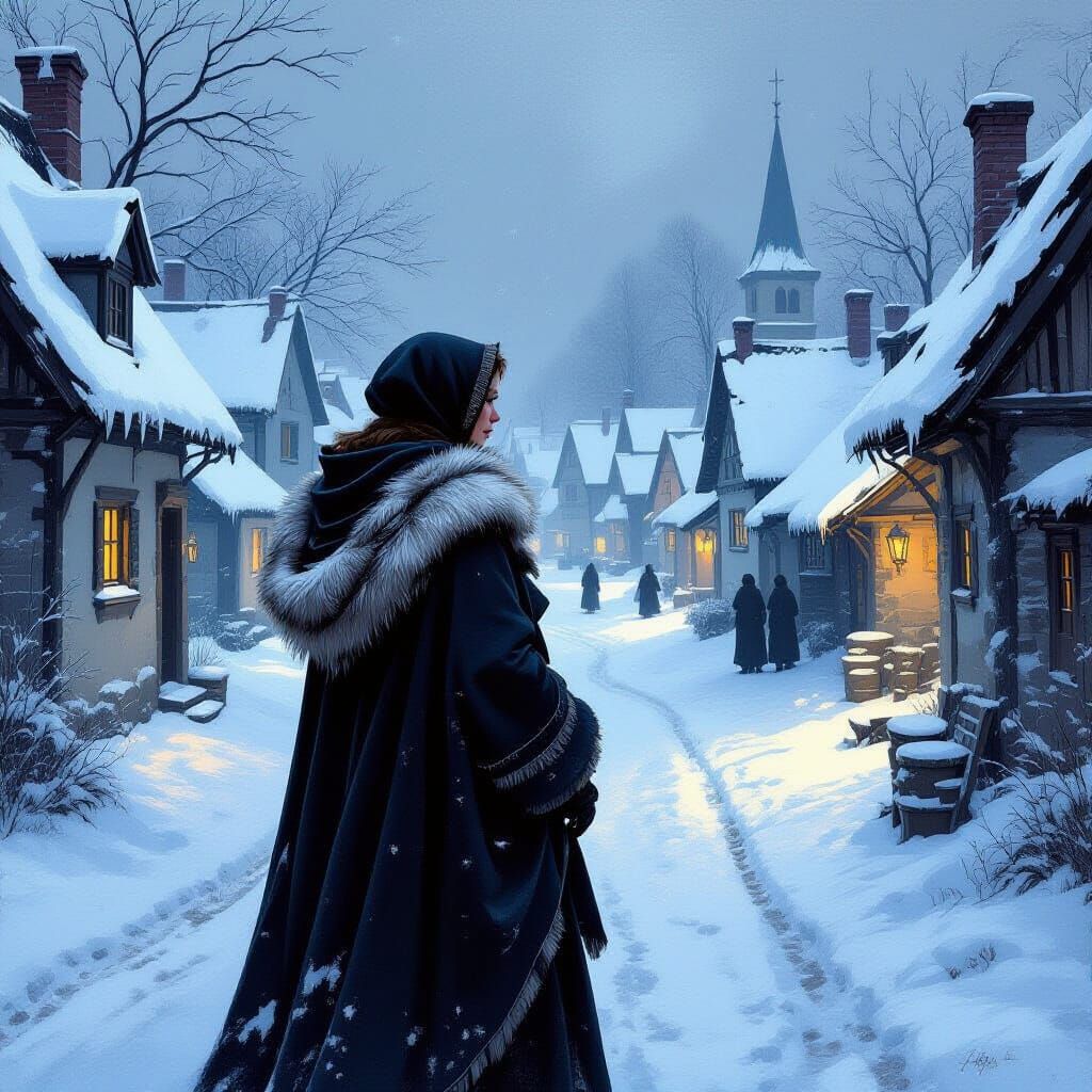 Medieval Woman in Snowy Village Oil Painting