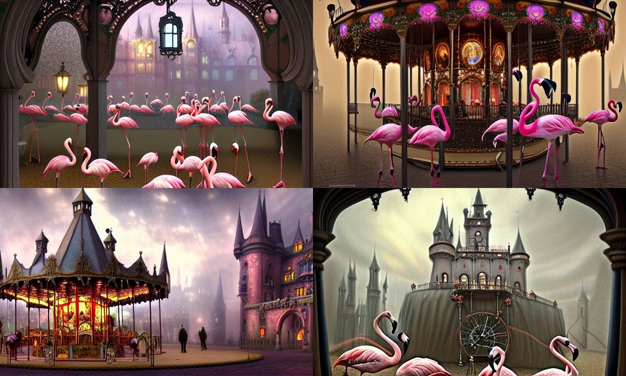 Flamingos on Gothic Carousel in Castle Courtyard