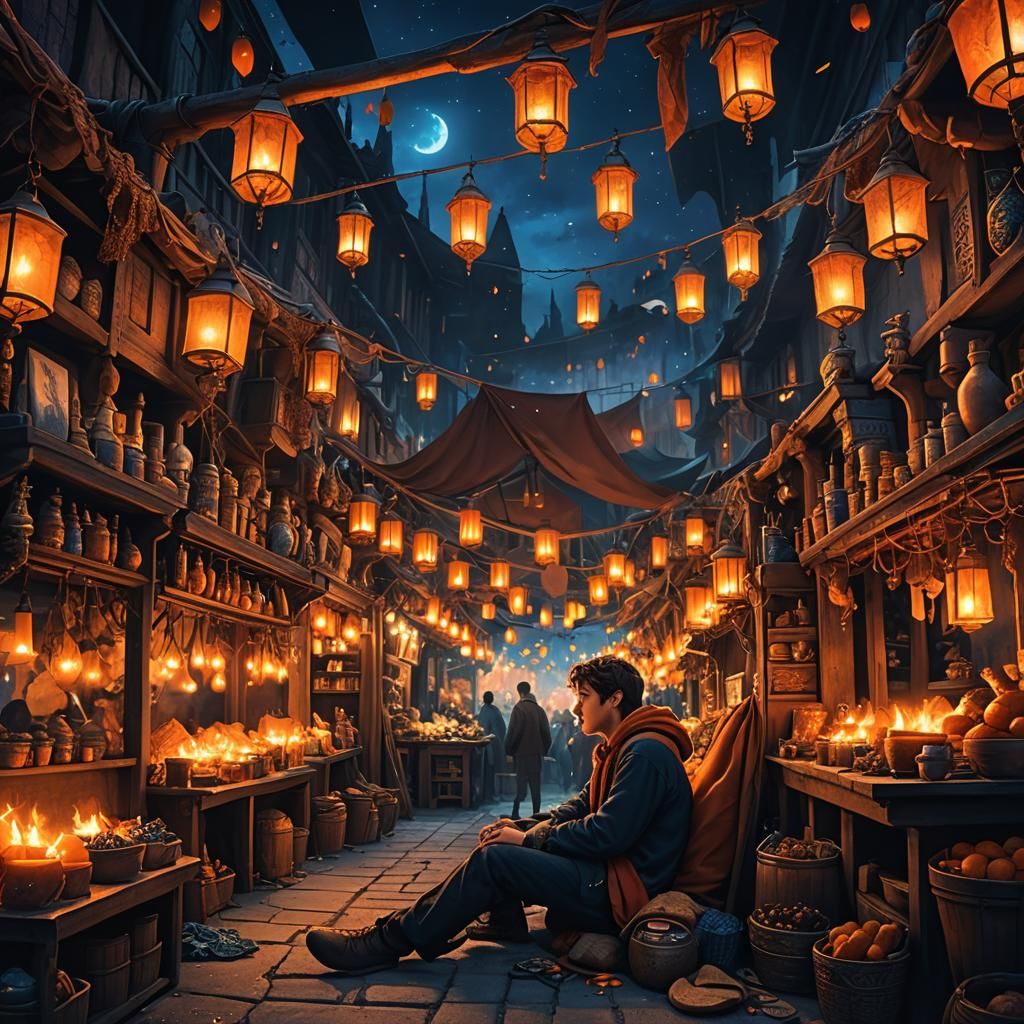 Magical Fantasy Night Market, Dreamlike Concept Art