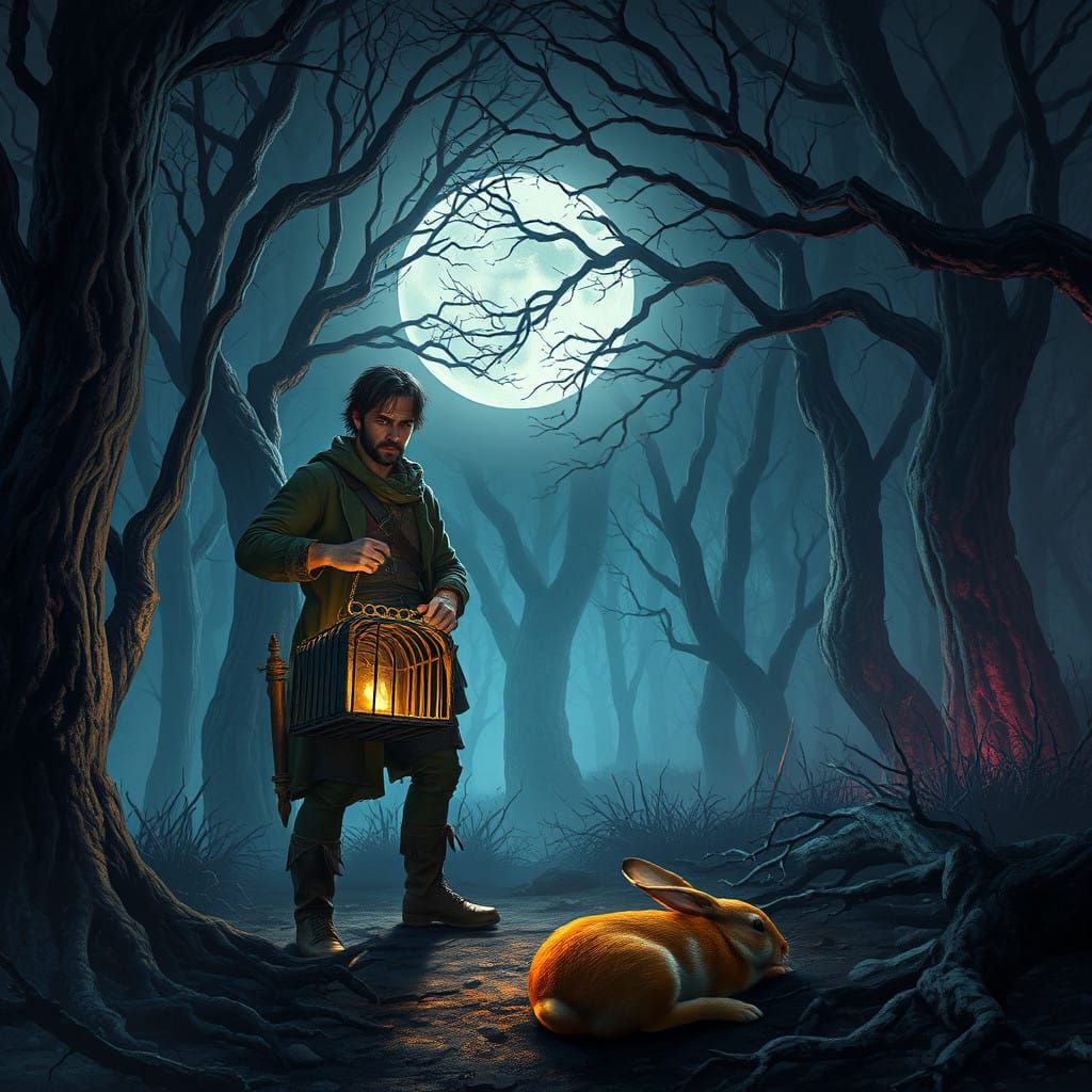Dark Fantasy Hunter Stands Amidst Mysterious Forest