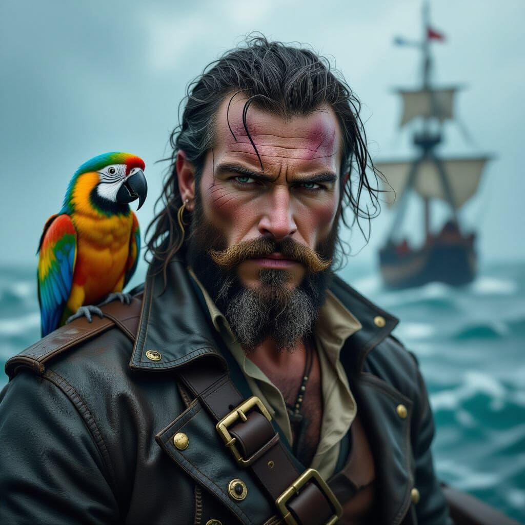 Fierce Pirate Captain on Stormy Sea, Digital Art