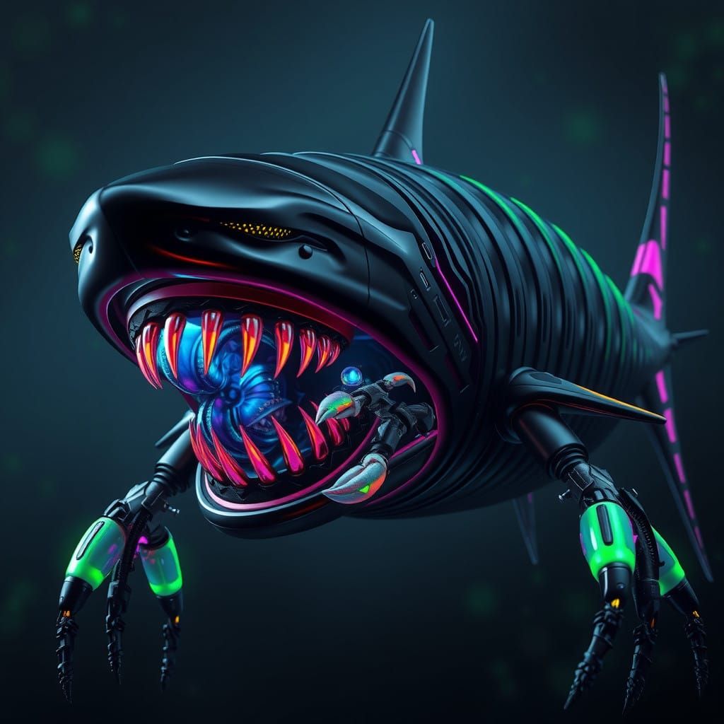 Biomechanical Alien Shark-Creature in Neon Bioluminescent Ar...