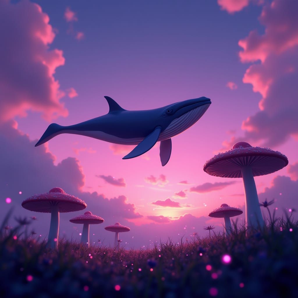 Fantasy Landscape with Flying Whales in Pixar Style