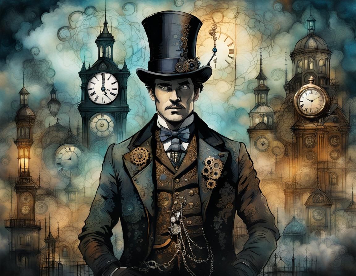 Steampunk Gentleman in Victorian Cityscape