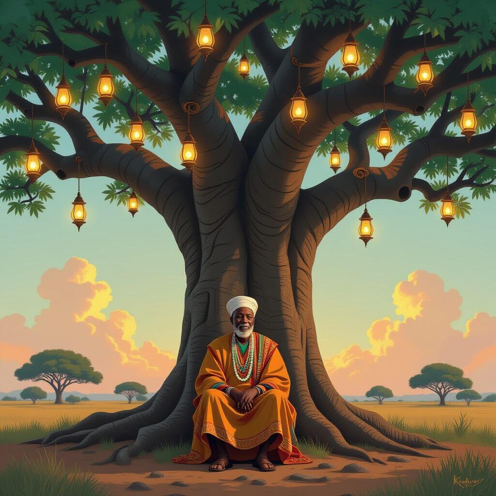 A digital painting of a wise African elder sitting beneath a...