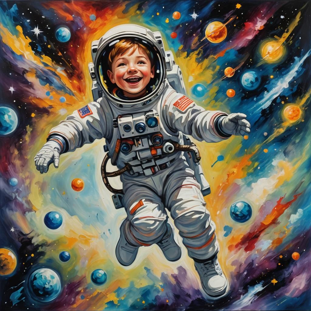 Boy Astronaut in Space: Oil Painting
