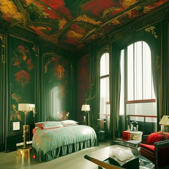 Surreal Red Bedroom with Universe View