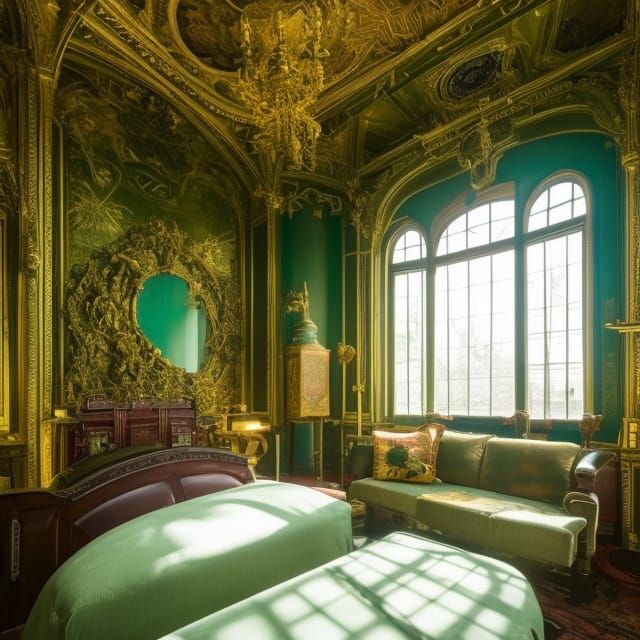 Surreal Red Room with a View of the Universe