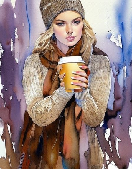 Blonde Woman with Coffee on Sunny Autumn Day