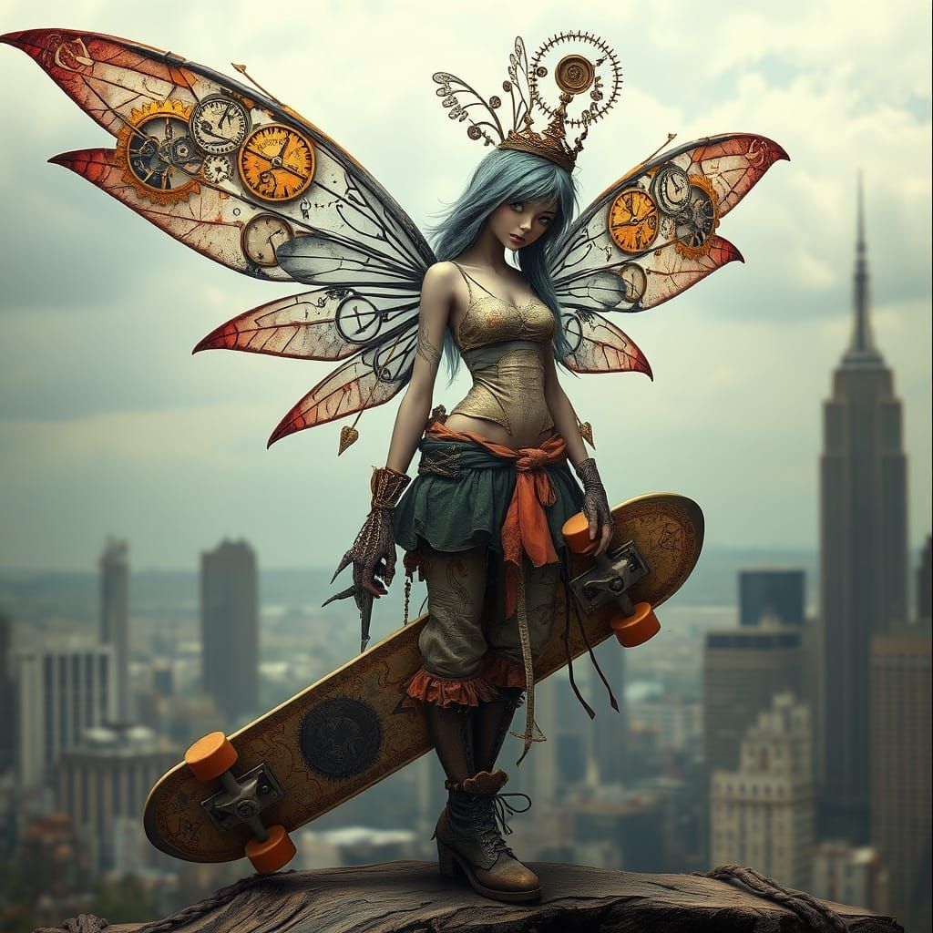Fairy with Clockwork Wings on Skateboard