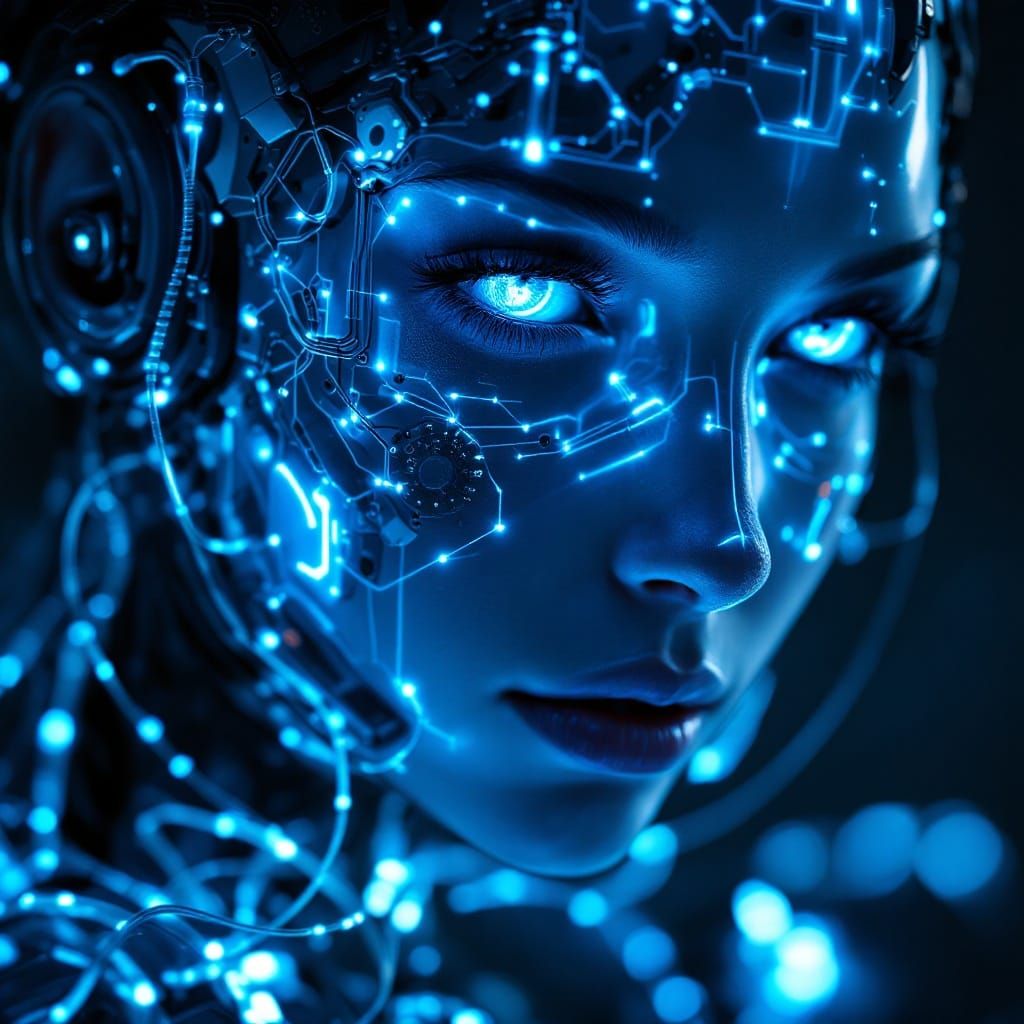 Cyberpunk Female Cyborg with Glowing Blue Circuits and Machi...