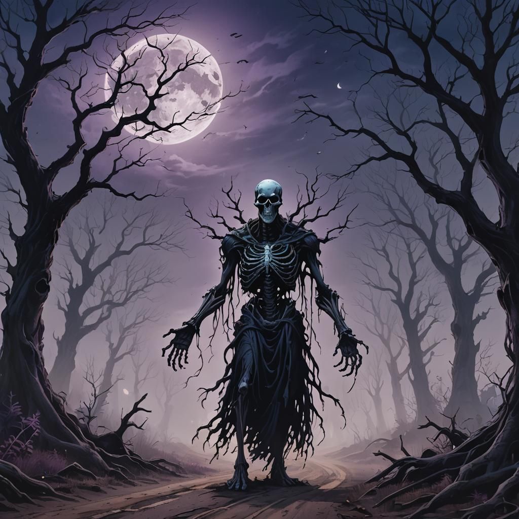 Ethereal Ghost Amidst Twisted Trees Under Full Moon