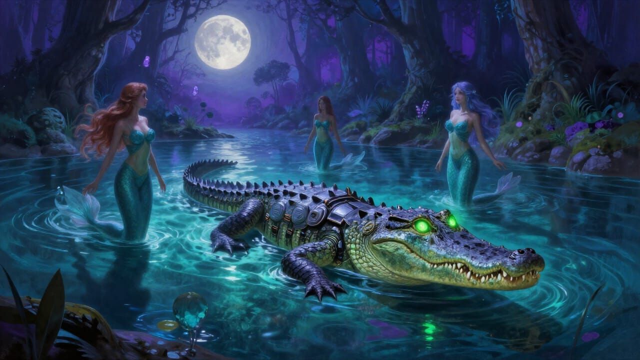 Mystical Forest Clearing with Cyberpunk Crocodile and Sirens