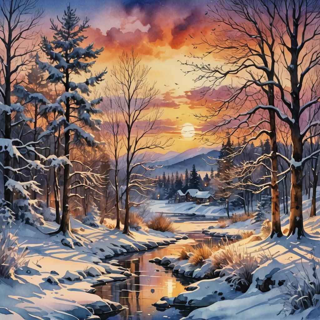 Winterscape Sunset Digital Watercolor Illustration