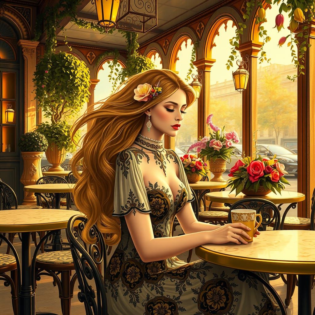 Elegant Woman in Art Nouveau Cafe Scene, Golden Period Inspi...