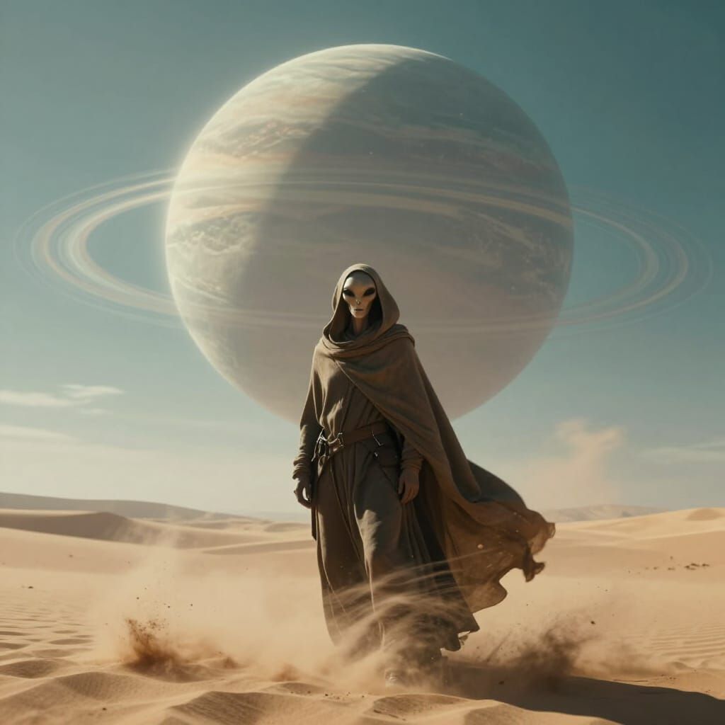 Alien Wanderer on Desert Planet Under Ringed Gas Giant