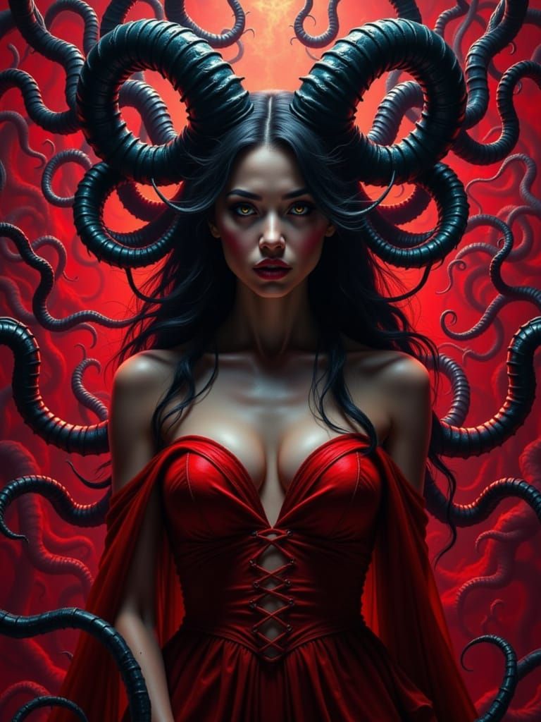 Ethereal Female Demon with Twisted Horns and Vivid Red Dress
