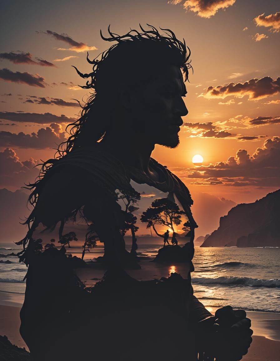 God-Man Silhouette with Sunset Coast: Double Exposure Art