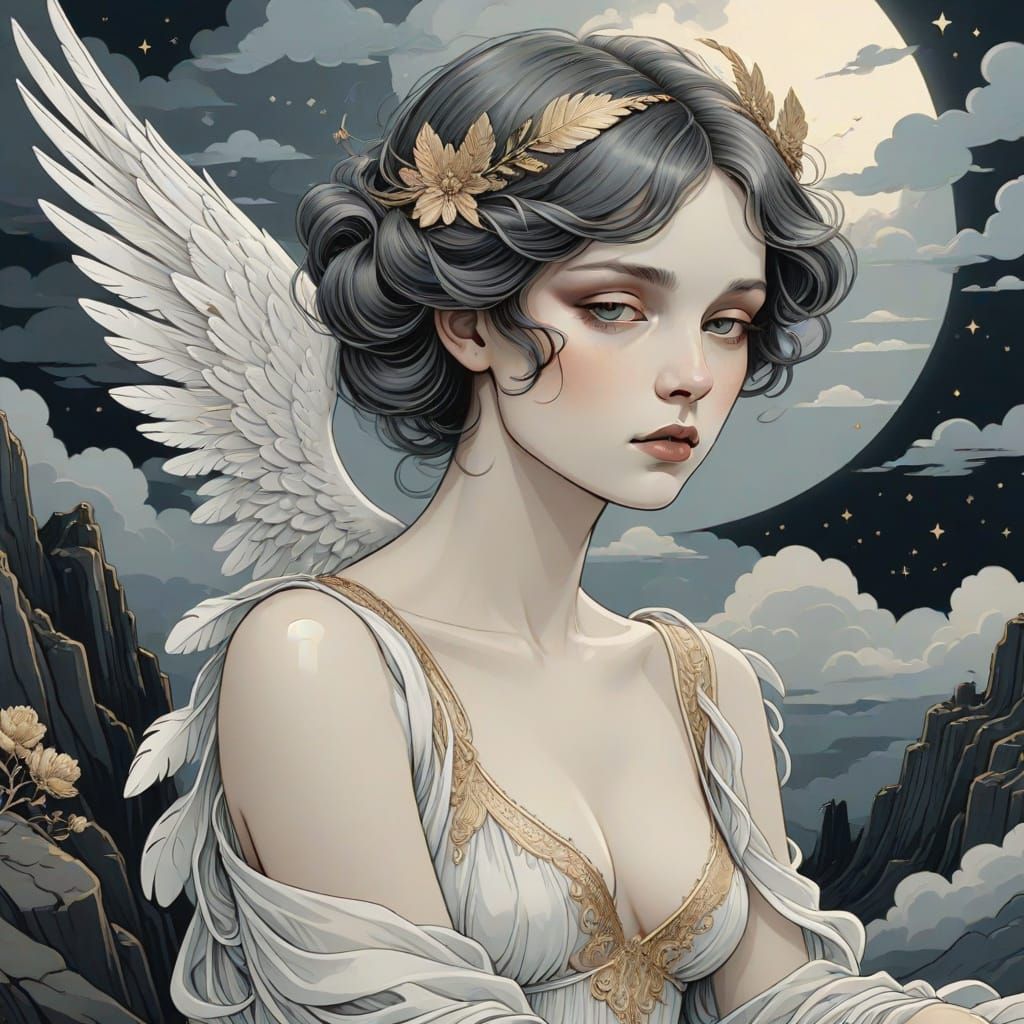 Ethereal Angel Contemplates Humanity's Sorrow in Whimsical F...